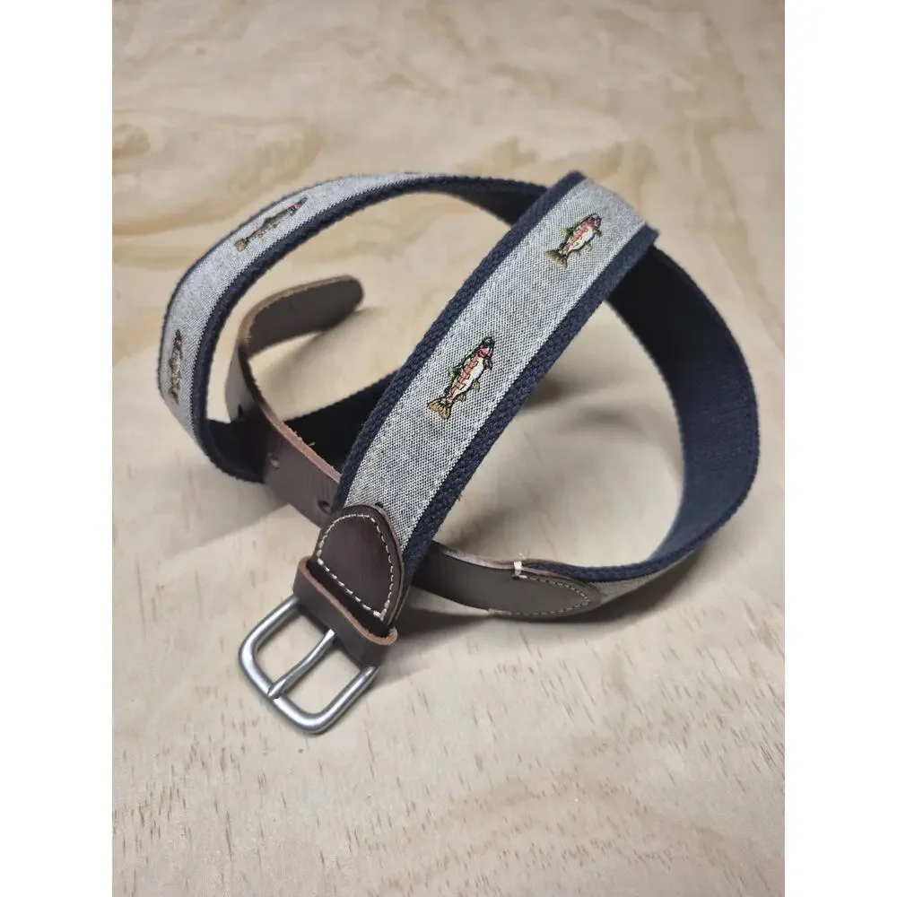J.Crew Men’s 38 Fish Trout Embroidered Canvas & Leather Belt Navy/Brown Silver